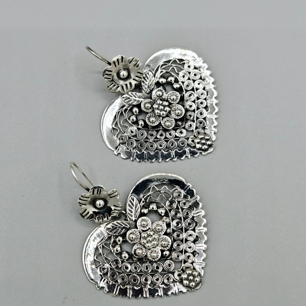 Taxco Silver Heart Earrings with Floral Design